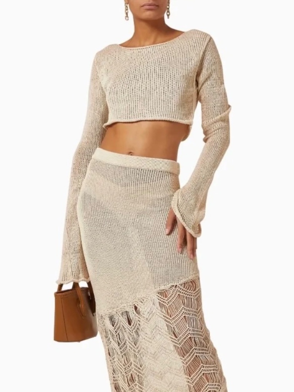 Savannah Morrow Beige Sakari Knit Crochet Midi Skirt New With Tags Size L